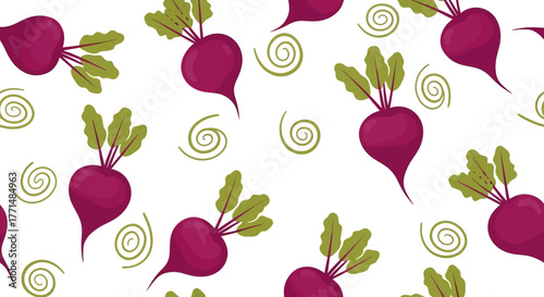 Seamless pattern of vibrant purple beetroots with green leaves and decorative swirls on white. Ideal for healthy food, organic produce, and natural vegetable designs