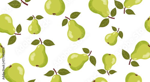 Seamless vector pattern of fresh green pears with leaves on a white background, a vibrant illustration for healthy eating concepts