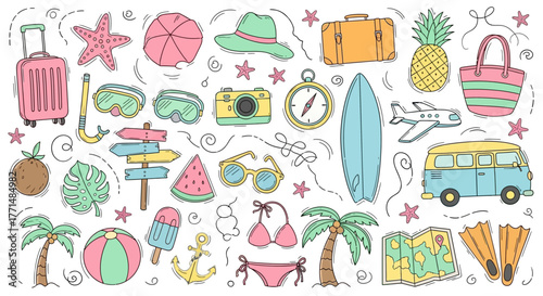 Colorful hand-drawn doodle icons for summer vacation and beach holidays, featuring travel essentials, tropical elements, and leisure activities, perfect for design projects, vector illustration