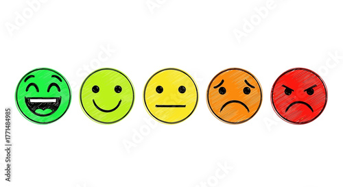 Visual emotional feedback scale showing five distinct emoji faces, from very happy to angry. Perfect for customer satisfaction surveys, user experience, and service quality ratings