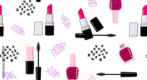 Vibrant and stylish seamless pattern featuring an array of popular beauty and cosmetic products like lipsticks, mascaras, and nail polishes, accented with trendy abstract doodles and scribbles 