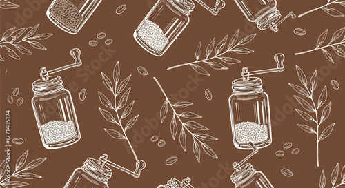 Hand-drawn seamless pattern featuring vintage spice grinders, classic pepper mills, and botanical sprigs with scattered seasoning grains, perfect for kitchen decor, food packaging, 