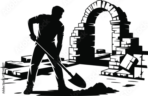Silhouette of Man Digging with Shovel at Ancient Ruins Vector Illustration