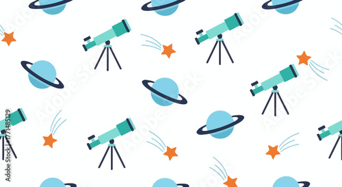 Whimsical seamless pattern featuring cute astronomical elements like telescopes, ringed planets, and vibrant shooting stars, perfect for playful cosmic-themed designs and backgrounds