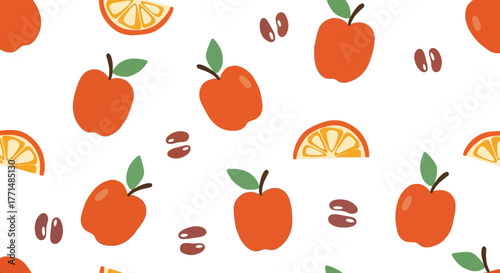 Seamless pattern of fresh apples and orange slices with seeds on a white background, vector illustration