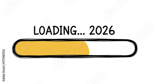 Hand-drawn 'LOADING... 2026' progress bar illustration, symbolizing the anticipation of a new year, future events, or personal growth and development ahead with a minimalistic, clean aesthetic
