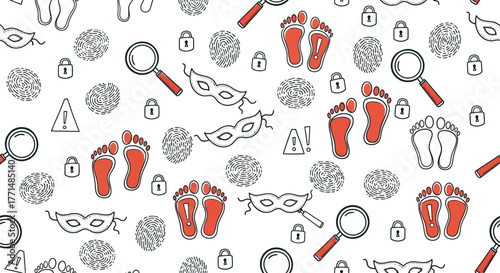 Seamless pattern with doodle detective and spy icons. Vector background of footprints, fingerprints, and magnifying glasses for a crime investigation theme