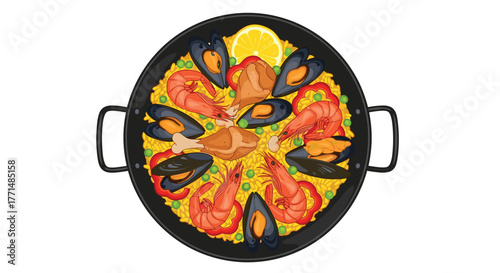 Delicious seafood and chicken paella bursting with vibrant flavors and colorful ingredients, perfect for culinary inspiration and festive meals
