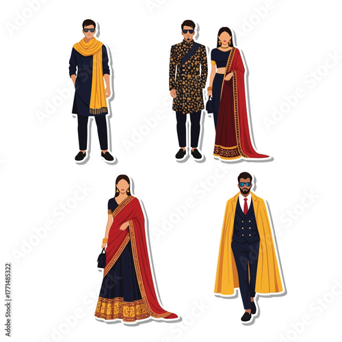 Illustrations of Indian people, showcasing traditional and modern fashion styles.