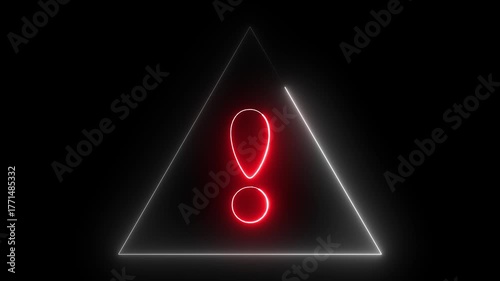 glowing light neon red and white color warning attention icon animation danger risk hazard alert road warning sign stop error signal emergency problem issue important sign symbol on black background