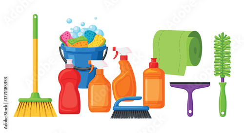 Sparkling clean home essentials including colorful bottles, sponges, bucket, broom, brush, squeegee, and paper towels for a spotless space