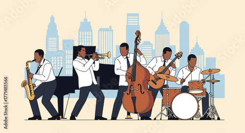 Dynamic jazz band plays lively music against a stylized city skyline, capturing the vibrant energy of urban nightlife and entertainment
