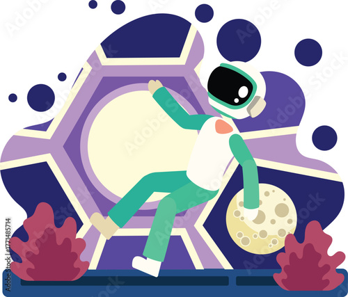 Astronaut floating in futuristic space station illustration