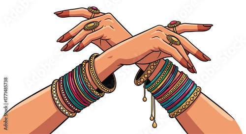 Elegant hands adorned with vibrant bangles and exquisite rings, celebrating cultural beauty and festive spirit