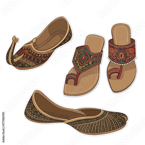 Collection of traditional Indian footwear, including ornate Mojari shoes, embroidered Jutti flats, and decorative Kolhapuri sandals, showcasing cultural craftsmanship.