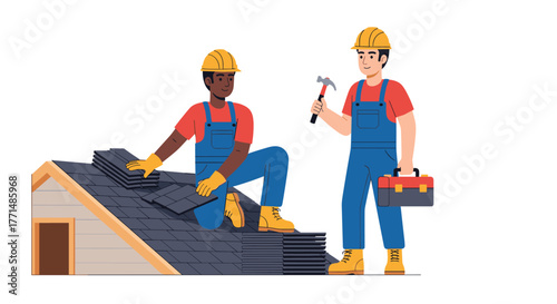 Skilled roofers diligently installing shingles on a new house, ensuring structural integrity and weather protection for a safe home