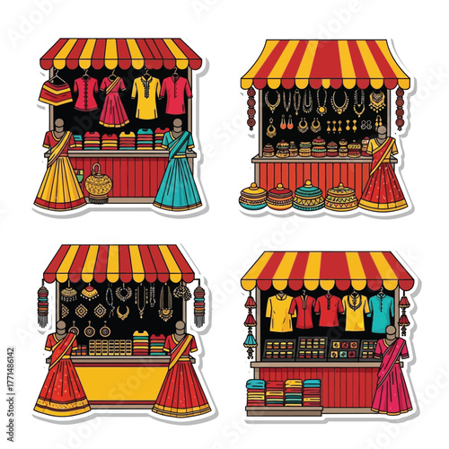 Four colorful market stalls displaying traditional Indian clothing, jewelry, and decorative items under striped canopies.