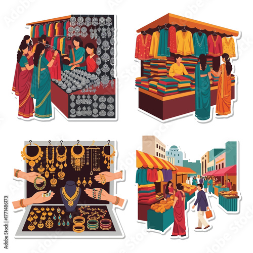 Four illustrations depict bustling market scenes with vendors selling clothing and jewelry to customers.