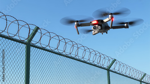Surveillance drone flies near a barbed wire fence under a clear blue sky.