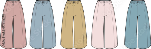 Collection of fashionable wide-leg trousers in pastel shades, perfect for modern wardrobes