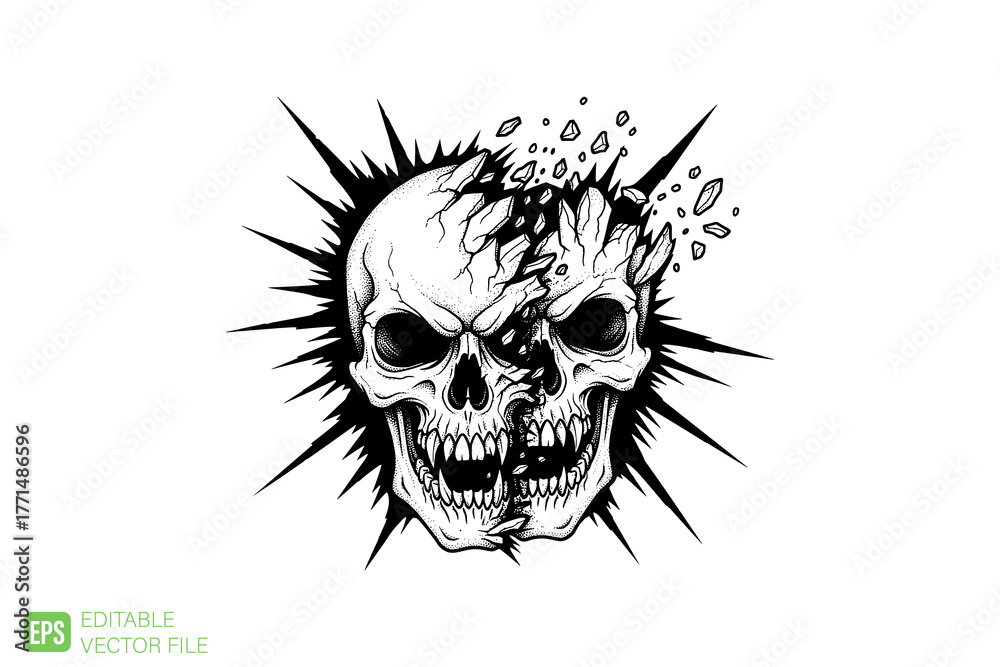 Fototapeta premium Shattered Skull Vector Illustration with Exploding Head and Shar