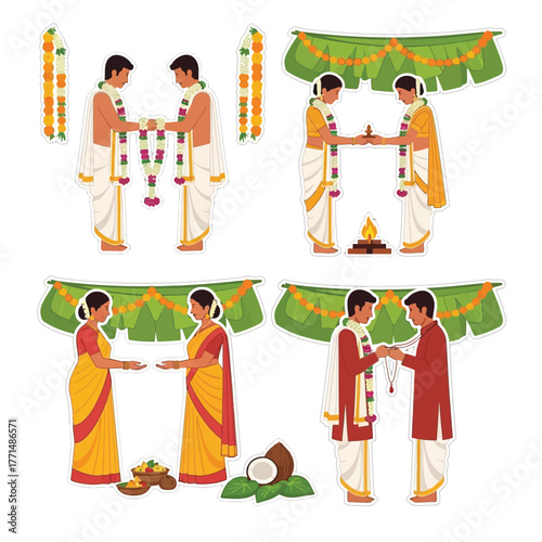 Four illustrations depicting a traditional South Indian Hindu wedding ceremony, showing various rituals and the bride and groom.