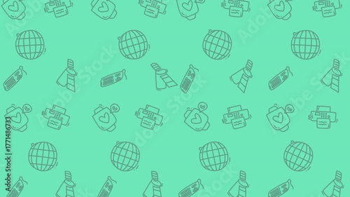 Abstract wave pattern computer design with world globe and other tech icons on a turquoise background for digital themes