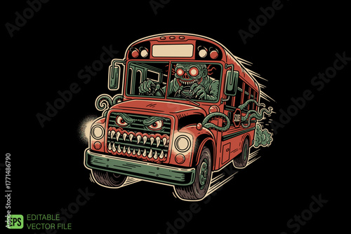 Zombie School Bus Driving with Glowing Eyes and Sharp Teeth.