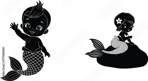 Cute Baby Mermaids, Merman, and Fantasy Sea Children Vector Silhouette