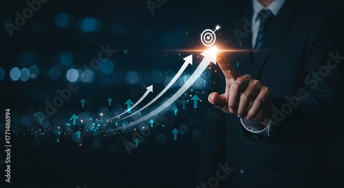 Sales performance and business growth. A manager points at a target on an increasing arrow chart, symbolizing achieving sales goals and high performance