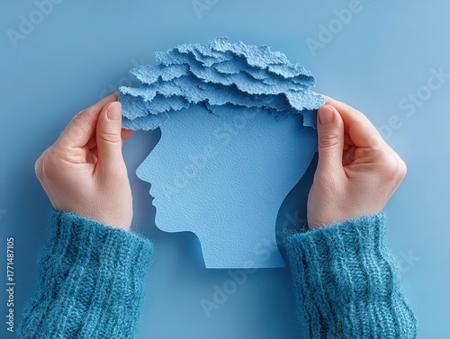 Hands Holding Paper Cutout Head With Mental Health Concept, Light Blue Background And White Teal Color Scheme
