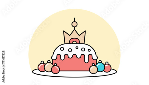 Festive Epiphany King's Cake decorated with ornaments, holiday celebration
