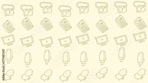 Dynamic hand-drawn wave pattern computer graphic. Doodle icons include vintage monitors, data disks, routers, and digital messages