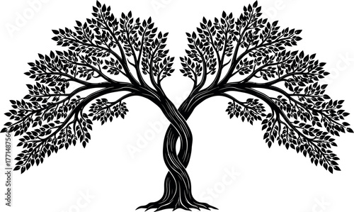 Symmetrical intertwined tree silhouette with flourishing leaves emblematic of nature's strength and growth vector
