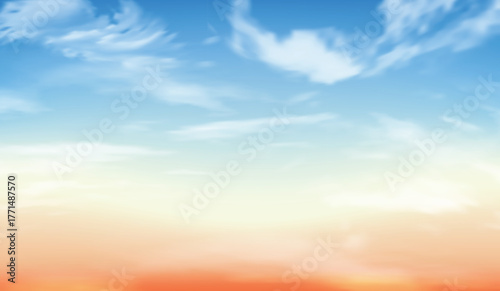 Soft gradient sunrise sky background with gentle clouds and warm orange-blue tones. Perfect for posters, social media, web design, or inspirational artwork. Calm and uplifting atmosphere