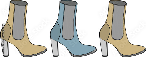 A colorful collection of fashionable women's Chelsea ankle boots with block heels, a stylish vector illustration set representing footwear variety and personal choice