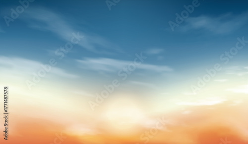Soft gradient sunrise sky background with gentle clouds and warm orange-blue tones. Perfect for posters, social media, web design, or inspirational artwork. Calm and uplifting atmosphere