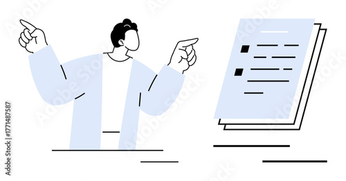 Person gesturing toward a document with emphasized clarity, focus on content. Ideal for business, teaching, presentation, communication, information sharing, learning, guidance simple flat metaphor