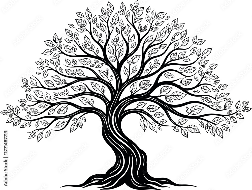 Obraz premium Intricate black and white line art majestic tree with detailed branches and leaves vector