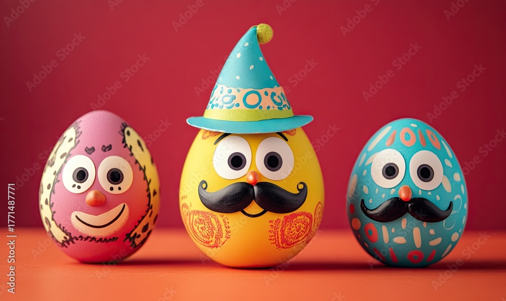 Obraz premium Three decorated Easter eggs with cartoonish faces and festive hats on a bright red background