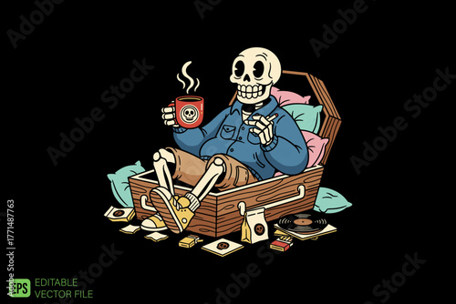 Happy Skeleton Relaxing in Coffin with Coffee and Snacks.