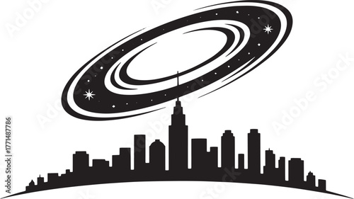 Modern cityscape silhouette with celestial body above urban buildings in dark style