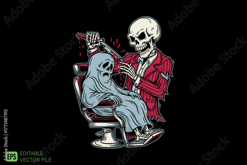 Skeleton Barber Giving a Ghost a Haircut in a Spooky Barbershop.