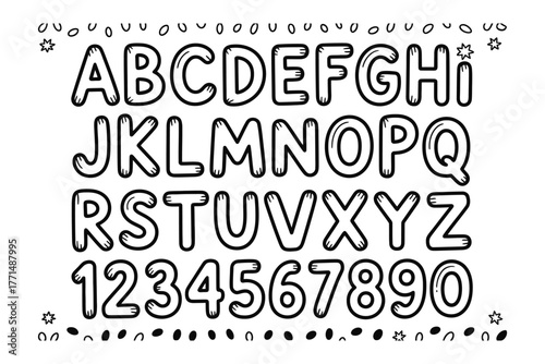 Black and white cartoon bubble alphabet letters and numbers illustration