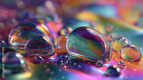 Close-up view of water droplets on a surface, with mesmerizing colors and a glassy appearance. This image shows how the droplets refract light to create an artistic look