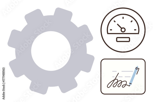 Gear symbolizes process optimization, speedometer conveys progress or performance tracking, signed document with pen implies approval or agreement. Ideal for workflow, productivity, efficiency