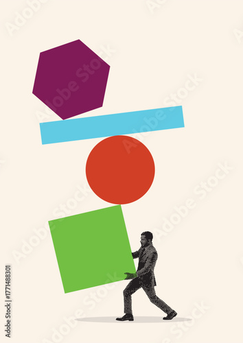 Abstract business person balancing colorful geometric shapes representing pressure and workplace challenges