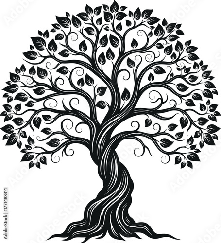 Intricate black and white ornamental tree with twisted trunk and detailed foliage vector