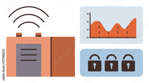 wireless router transmitting signals, chart representing data analytics, and three locks symbolizing encryption. Ideal for technology, network security, wireless communication, analytics, data