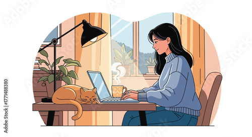 Businesswoman Working on Laptop – Silhouette Illustration of People in Office, Technology and Work Concept